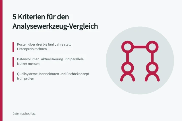 Karte: fünf Kriterien zum Vergleich von Analysewerkzeugen im Unternehmen. Analysewerkzeuge vergleichen: 5 Kriterien für die Auswahl