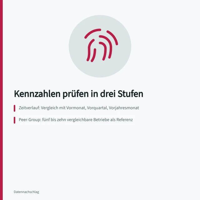 Drei Prüfstufen für betriebliche Kennzahlen: Zeitverlauf, Peer-Group, Stetigkeit. Plausibilitätsprüfung von Kennzahlen im Zeitverlauf, Peer-Group-Vergleich und Stetigkeit